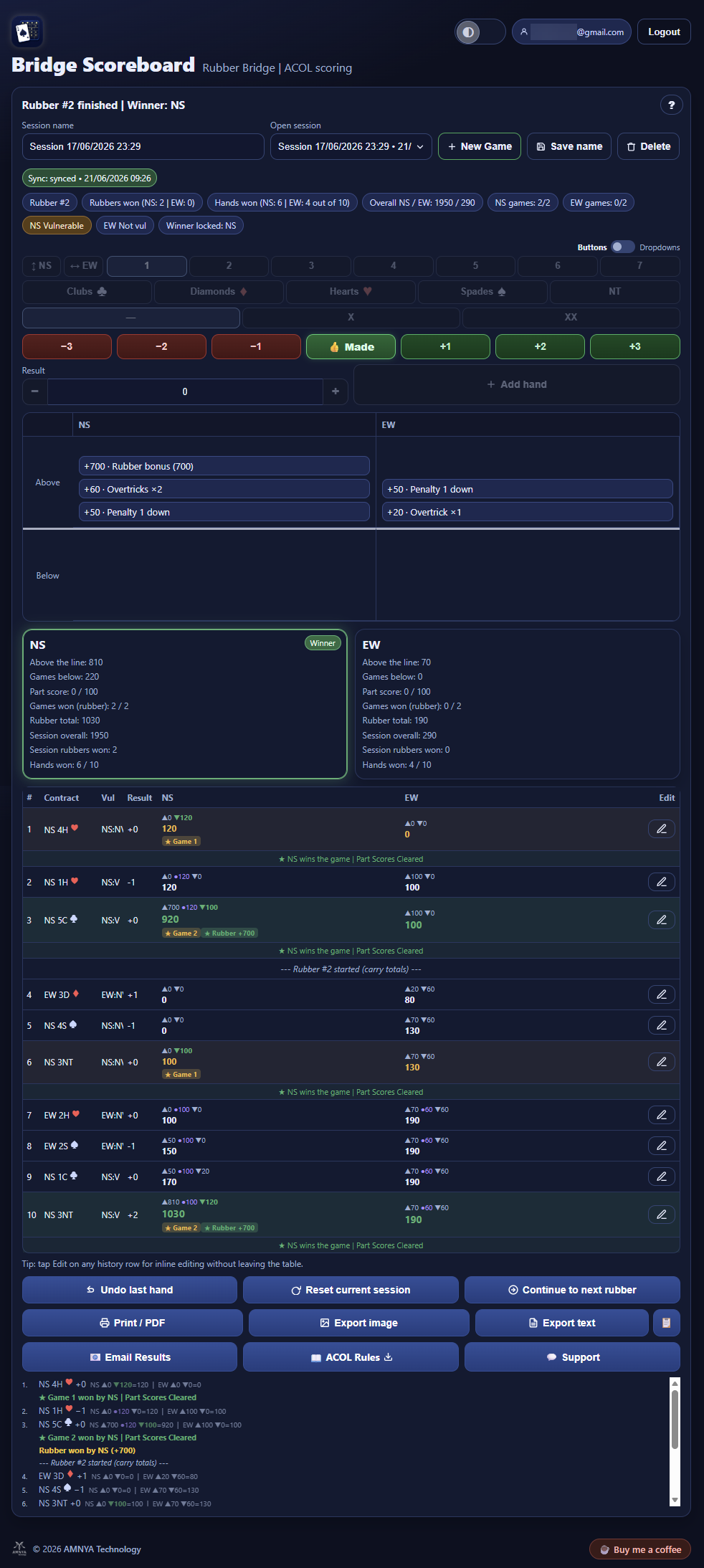 Bridge Scoreboard app screenshot